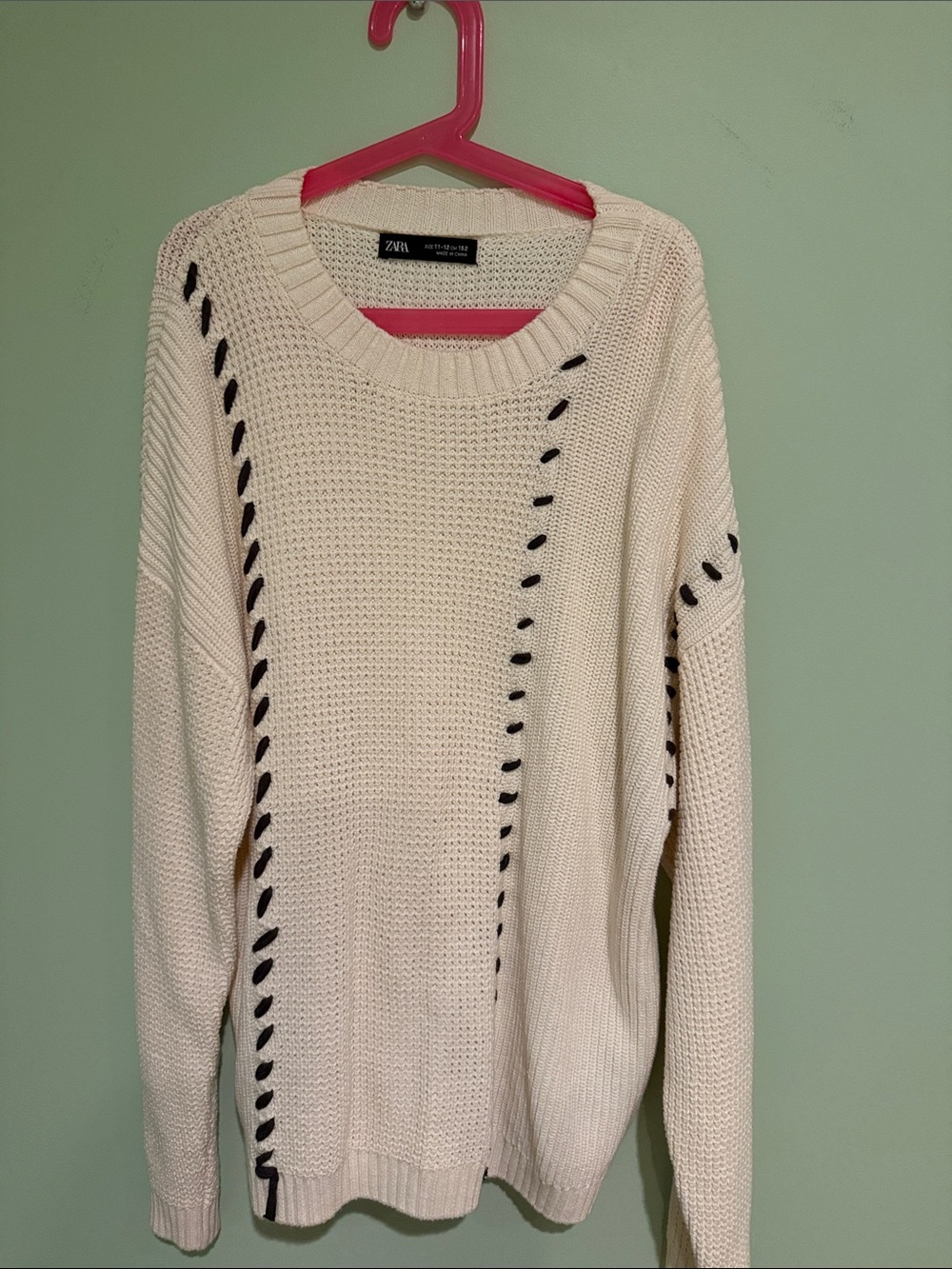 Zara Cream Crewneck Sweater with Black Thread Detail